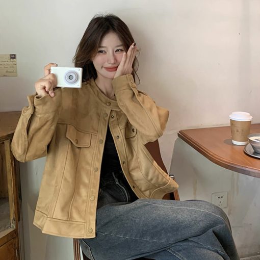 카키 스웨이드 숏 코트 여 2025 가을 신상 핫 아이템 서양풍 감령 패션 캐주얼 자켓 상의
